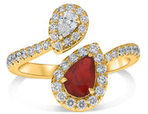 LARGE 1.19CT DIAMOND & AAA RUBY 14K YELLOW GOLD PEAR SHAPE DOUBLE SOLITAIRE RING