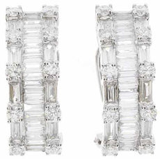 LARGE 3.5CT DIAMOND 18KT WHITE GOLD 3D ROUND & BAGUETTE CLIP ON HANGING EARRINGS