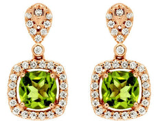 2.62CT DIAMOND & AAA PERIDOT 14KT ROSE GOLD 3D CUSHION & ROUND HANGING EARRINGS