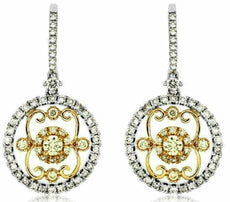 ESTATE 1.28CT WHITE & FANCY YELLOW DIAMOND 14K TWO TONE GOLD 3D HANGING EARRINGS