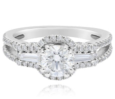 1.71CT DIAMOND 14KT WHITE GOLD ROUND & BAGUETTE 3 STONE CLASSIC ENGAGEMENT RING