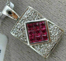 ESTATE 2.2CT DIAMOND & AAA RUBY 18K WHITE GOLD RECTANGULAR FILIGREE LOVE PENDANT