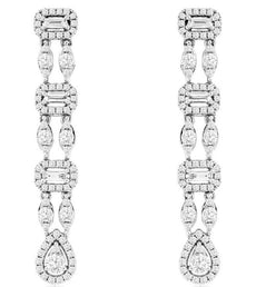1.12CT DIAMOND 14KT WHITE GOLD 3D ROUND & BAGUETTE CHANDELIER HANGING EARRINGS