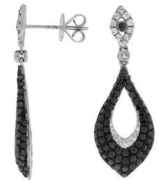 1.75CT WHITE & BLACK DIAMOND 14KT WHITE GOLD CLASSIC TEAR DROP HANGING EARRINGS