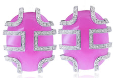 ESTATE .38CT DIAMOND & AAA PINK JADE 18KT WHITE GOLD 3D OVAL FUN EARRINGS
