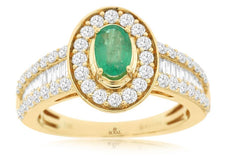 1.44CT DIAMOND & AAA EMERALD 14K YELLOW GOLD 3D OVAL ROUND & BAGUETTE HALO RING