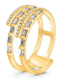 WIDE .43CT DIAMOND 14K YELLOW GOLD ROUND AND BAGUETTE MULTI ROW CRISS CROSS RING