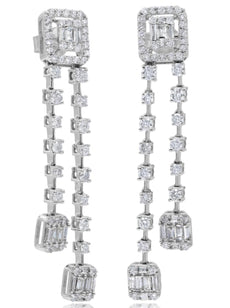 LARGE 2.27CT DIAMOND 18KT WHITE GOLD 3D ROUND & BAGUETTE SQUARE HANGING EARRINGS