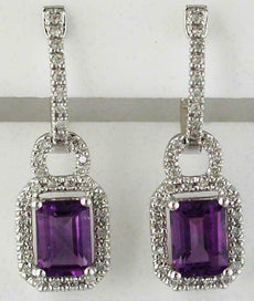 2.20CT DIAMOND & AAA AMETHYST 14KT WHITE GOLD 3D EMERALD CUT HANGING EARRINGS