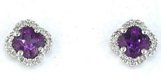 .90CT DIAMOND & AAA AMETHYST 14KT WHITE GOLD 4 LEAF CLOVER FLOWER STUD EARRINGS