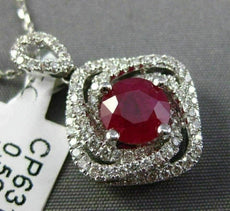 ESTATE LARGE 2.13CT DIAMOND RUBY 18K WHITE GOLD SQUARE SWIRL DOUBLE HALO PENDANT