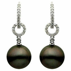 .29CT DIAMOND & AAA TAHITAIN PEARL 18KT WHITE GOLD 3D HUGGIE HANGING EARRINGS