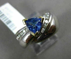 ESTATE WIDE 1.26CT DIAMOND & TRILLION TANZANITE 14KT 2 TONE GOLD SEMI BEZEL RING
