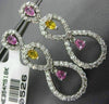 ESTATE LARGE 4.11CT DIAMOND & AAA PINK & YELLOW SAPPHIRE 18K WHITE GOLD EARRINGS