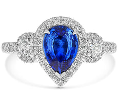 LARGE 2.20CT DIAMOND & AAA SAPPHIRE PLATINUM PEAR SHAPE 3 STONE ENGAGEMENT RING