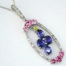 2.13CT DIAMOND & AAA MULTI COLOR GEM 14KT WHITE GOLD FLOWER OVAL PENDANT
