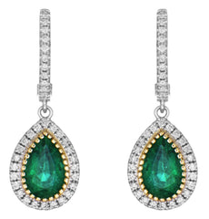 3.32CT DIAMOND & AAA EMERALD 18K 2 TONE GOLD 3D PEAR SHAPE & ROUND HALO EARRINGS