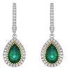3.32CT DIAMOND & AAA EMERALD 18K 2 TONE GOLD 3D PEAR SHAPE & ROUND HALO EARRINGS