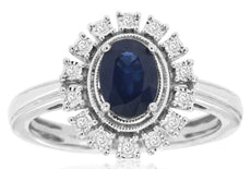 1.07CT DIAMOND & AAA SAPPHIRE 14K WHITE GOLD OVAL & ROUND FLOWER FRIENDSHIP RING