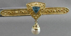 ESTATE BLUE TOPAZ PEARL 14K YELLOW GOLD FILIGREE HANGING STICK PIN BROOCH #20855