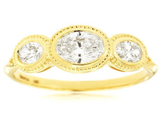 ESTATE .70CT DIAMOND 14K YELLOW GOLD OVAL 3 STONE BEZEL FILIGREE ENGAGEMENT RING