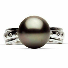 ESTATE .04CT DIAMOND & AAA TAHITIAN PEARL 14KT WHITE GOLD 3 STONE BURNISH RING