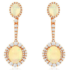 8.15CT DIAMOND & AAA OPAL 14K ROSE GOLD OVAL & ROUND FLOWER FUN HANGING EARRINGS