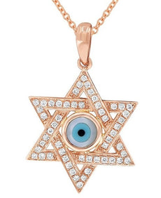 .36CT DIAMOND & AAA MOTHER OF PEARL 14K ROSE GOLD STAR OF DAVID EVIL EYE PENDANT