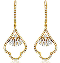 .73CT DIAMOND 14K YELLOW GOLD ROUND & BAGUETTE FLOWER TEAR DROP HANGING EARRINGS