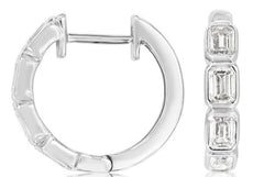.85CT DIAMOND 14K WHITE GOLD 3D EMERALD CUT 4 STONE HUGGIE HOOP HANGING EARRINGS