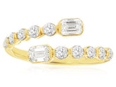 WIDE 1.10CT DIAMOND 14KT YELLOW GOLD ROUND & EMERALD CUT CRISS CROSS LOVE RING