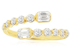 WIDE 1.10CT DIAMOND 14KT YELLOW GOLD ROUND & EMERALD CUT CRISS CROSS LOVE RING