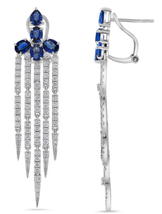 4.87CT DIAMOND AAA SAPPHIRE 14K WHITE GOLD MULTI ROW CHANDELIER HANGING EARRINGS