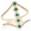 LARGE .46CT DIAMOND & AAA EMERALD 14KT YELLOW GOLD MULTI FLOWER V SHAPE BAR RING