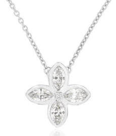 .38CT DIAMOND 14KT WHITE GOLD 3D MARQUISE & ROUND 5 STONE FLOWER LOVE NECKLACE