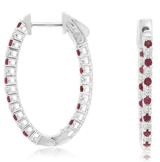 1.13CT DIAMOND & AAA RUBY 14KT WHITE GOLD INSIDE OUT OVAL HOOP HANGING EARRINGS