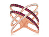 LARGE .84 CT DIAMOND & AAA RUBY 14KT ROSE GOLD MULTI ROW CRISS CROSS LOVE RING