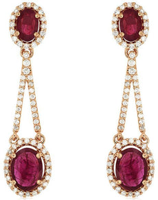 4.32CT DIAMOND & AAA RUBY 14KT ROSE GOLD 3D OVAL & ROUND HALO HANGING EARRINGS