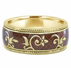 ESTATE WIDE RED ENAMEL 18K YELLOW GOLD 3D MULTI FLOWER ETERNITY ANNIVERSARY RING