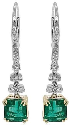 LARGE 2.78CT DIAMOND & AAA EMERALD 18KT 2 TONE GOLD 3D SQUARE & ROUND EARRINGS