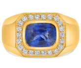 LARGE 3.18 CT DIAMOND AAA SAPPHIRE 14KT YELLOW GOLD CUSHION SOLITAIRE MEN'S RING