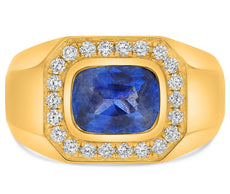 LARGE 3.18 CT DIAMOND AAA SAPPHIRE 14KT YELLOW GOLD CUSHION SOLITAIRE MEN'S RING