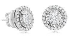 ESTATE 1.31CT DIAMOND 14KT WHITE GOLD ROUND SOLITAIRE FLOWER HALO STUD EARRINGS