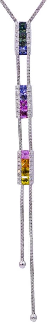 1.35CT DIAMOND & AAA MULTI COLOR SAPPHIRE 14K WHITE GOLD 3D LARIAT LOVE NECKLACE