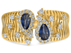 LARGE .90CT DIAMOND AAA SAPPHIRE 14K YELLOW GOLD PEAR SHAPE ROUND MULTI BAR RING