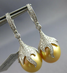 ESTATE LARGE .65CT DIAMOND & AAA GOLDEN SOUTH SEA PEARL 18K WHITE GOLD HANGING EARRINGS