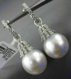 LARGE .60CT DIAMOND & AAA SOUTH SEA PEARL 18K WHITE GOLD HUGGIE HANGING EARRINGS