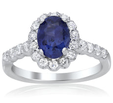 2.17CT DIAMOND & AAA SAPPHIRE 14K WHITE GOLD OVAL & ROUND FLOWER ENGAGEMENT RING