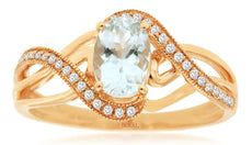ESTATE .77CT DIAMOND & AAA AQUAMARINE 14KT ROSE GOLD OVAL & ROUND SOLITAIRE RING