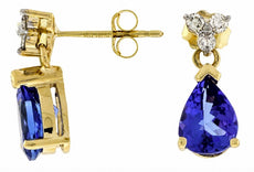 2.50CT DIAMOND & AAA TANZANITE 14KT 2 TONE GOLD 3D PEAR SHAPE TEAR DROP EARRINGS